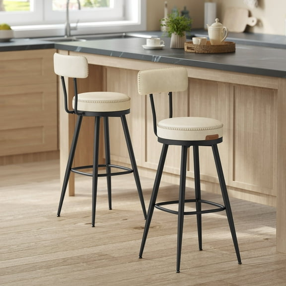 Set of 2 Modern Bar Stools with Back, 30-Inch Swivel Counter Height Stools, PU Leather Upholstery, Cream White Mid-Century Design