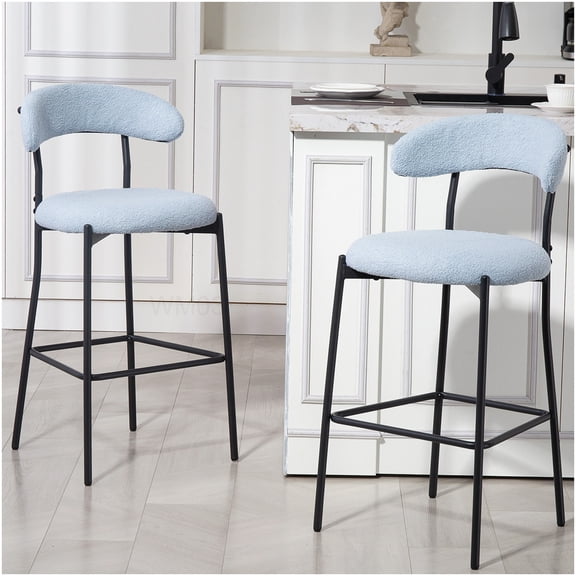 Set of 2 Modern Blue Bar Stools with Teddy Fabric, 26 Inch Counter Height Stool for Kitchen Island with Footrest