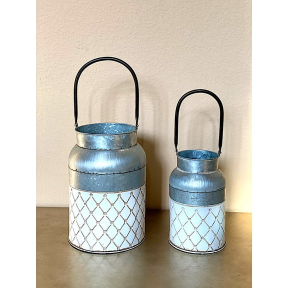 Set of 2 Modern Buckets Silver Metal With Embossed White Pattern Farmhouse Decor Home Office Wedding Party Vase Rustic Tabletop Flowers 10.5" & 8" H