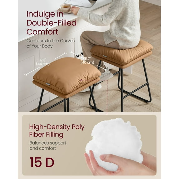 Set of 2 Modern Counter Height Bar Stools, Faux Leather Upholstery with Soft Cushion & Metal Sled Base, 25.6", Caramel Brown