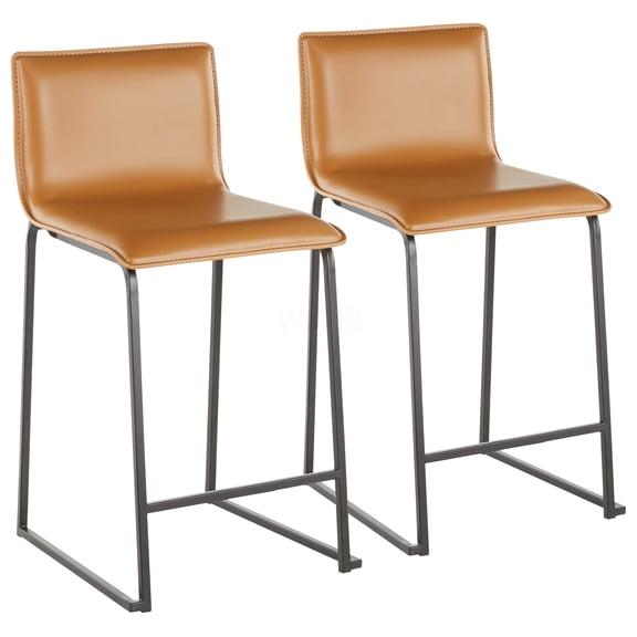 Set of 2 Modern Counter Stools with Faux Leather Upholstery and Metal Frame, 26 Inch Height, Camel Color