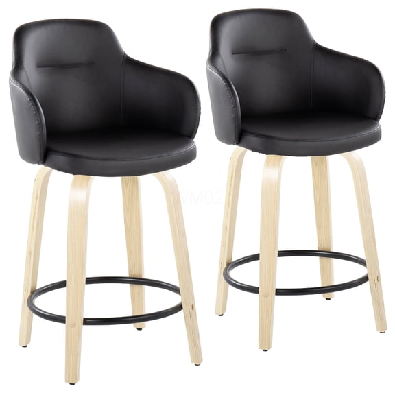 Set of 2 Modern Counter Swivel Stools with Faux Leather Seat and Round Footrest in Black
