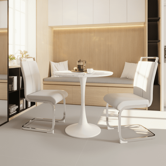 Set of 2 Modern Dining Chairs, Off White PU Faux Leather Upholstered Chair with Glossy Chromed Legs for Dining Room & Office