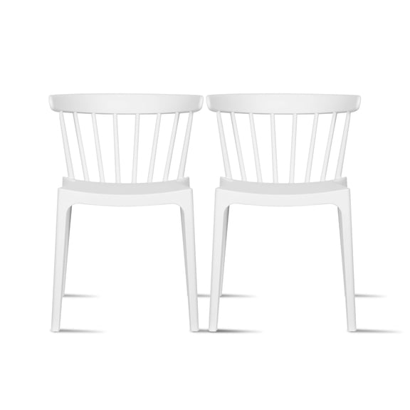 Set of 2 Modern Dining Elbow Side Chairs Molded Plastic Indoor and Outdoor Stackable Slat Back Patio Chairs, White