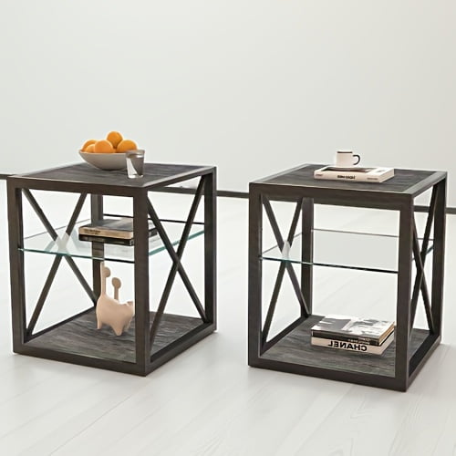 Set of 2 Modern End Table Nightstand for Bedroom & Living Room, Tempered Glass&Rustic Wood Grain MDF, Industrial Style Side Table