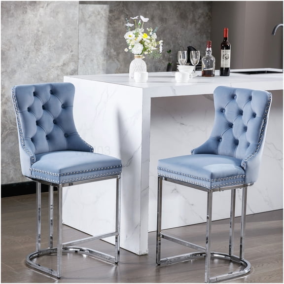 Set of 2 Modern Farmhouse Bar Stools, Light Blue Velvet Upholstered Counter Stools with High Back and Chrome Legs for Kitchen Island