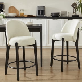 Set of 2 Modern Faux Linen Counter Stools with Solid Wood Legs & Foot Ring, Ergonomic Bar Stools for Kitchen Island Home Bar,Beige