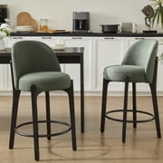 Set of 2 Modern Faux Linen Counter Stools with Solid Wood Legs & Foot Ring, Ergonomic Bar Stools for Kitchen Island Home Bar,Green