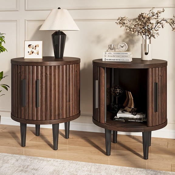 Set of 2 Modern Fluted End Tables with Sliding Doors and Metal Handles, Vintage Style Bedside or Living Room Tables in Walnut, Oak, or Black Finish