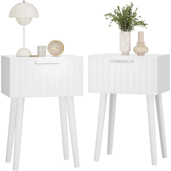 Set of 2 Modern Fluted Nightstands with Drawer, Small End Tables with Solid Wood Legs and Chain Detail