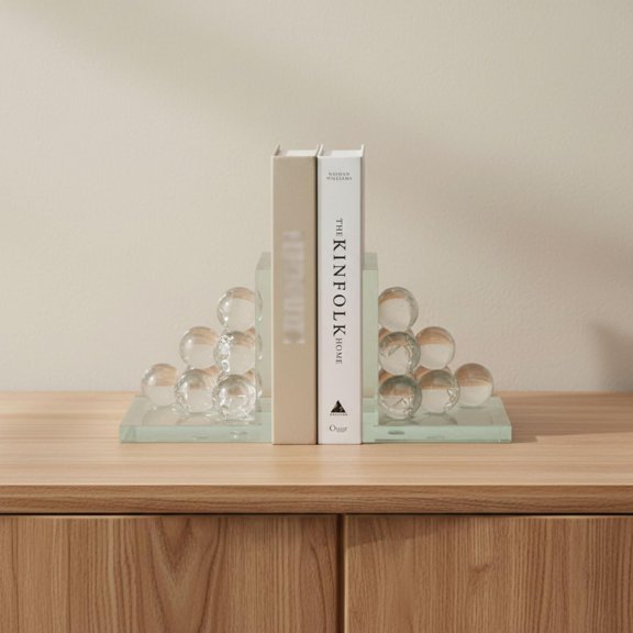 Set of 2 Modern Glass Bookends - Decorative Crystal Design - Stylish Home & Office Shelf Organizer - 6" Clear Frost