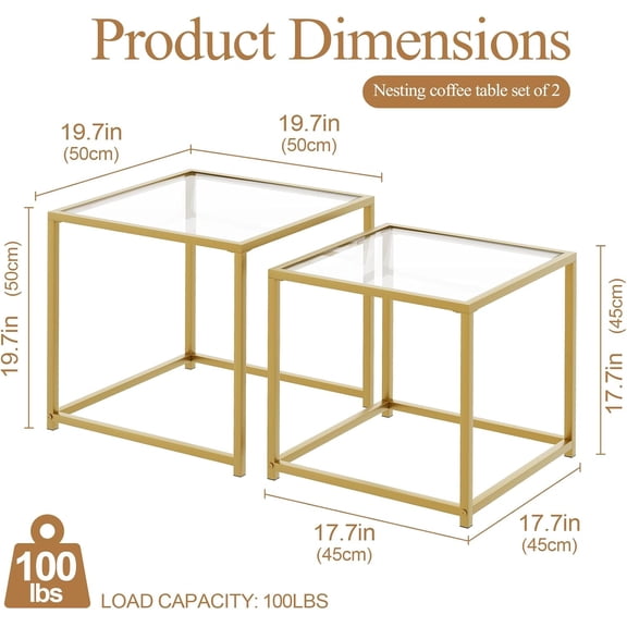 Set of 2 Modern Glass Nesting Coffee Tables Gold Metal Frame Square Side Tables for Living Room Bedroom Small Spaces