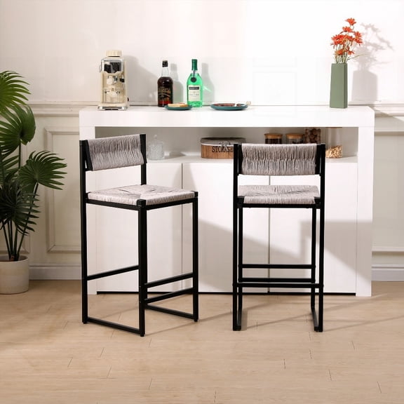 Set of 2 Modern Gray Hand Weave Bar Stools with Back - Kitchen, Home & Office Seating