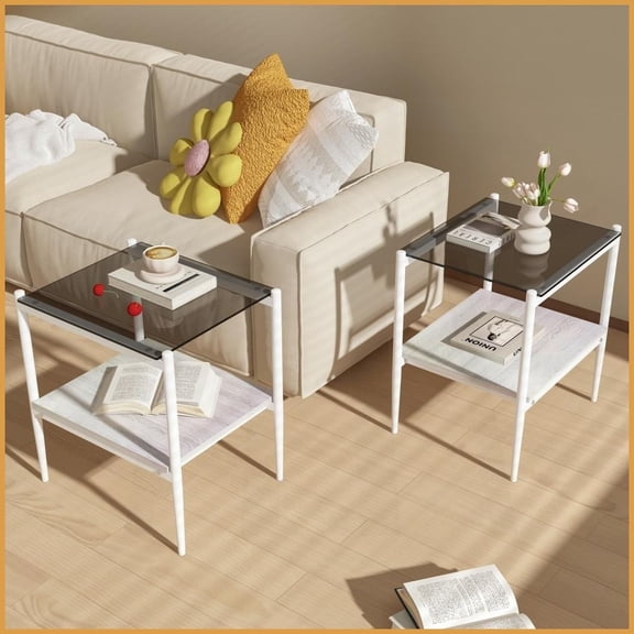 Set of 2 Modern Gray Tempered Glass Coffee Tables, Easy-Clean & Space-Saving with MDF Storage