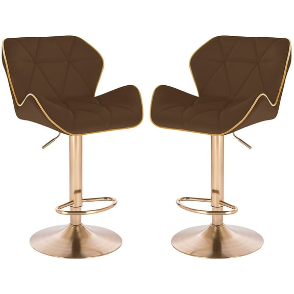 Set of 2 Modern Home Luxe Spyder Contemporary Adjustable Barstool/Bar Chair with 360° Rotation (Gold Base, Brown/Gold Piping)