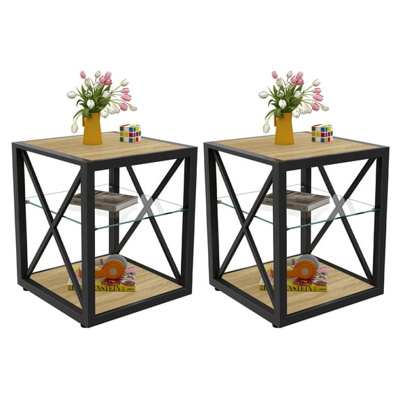 Set of 2 Modern Industrial End Tables with Tempered Glass & Wood MDF Top, Space-Saving 3-Tier Storage for Bedroom & Living Room Side Tables