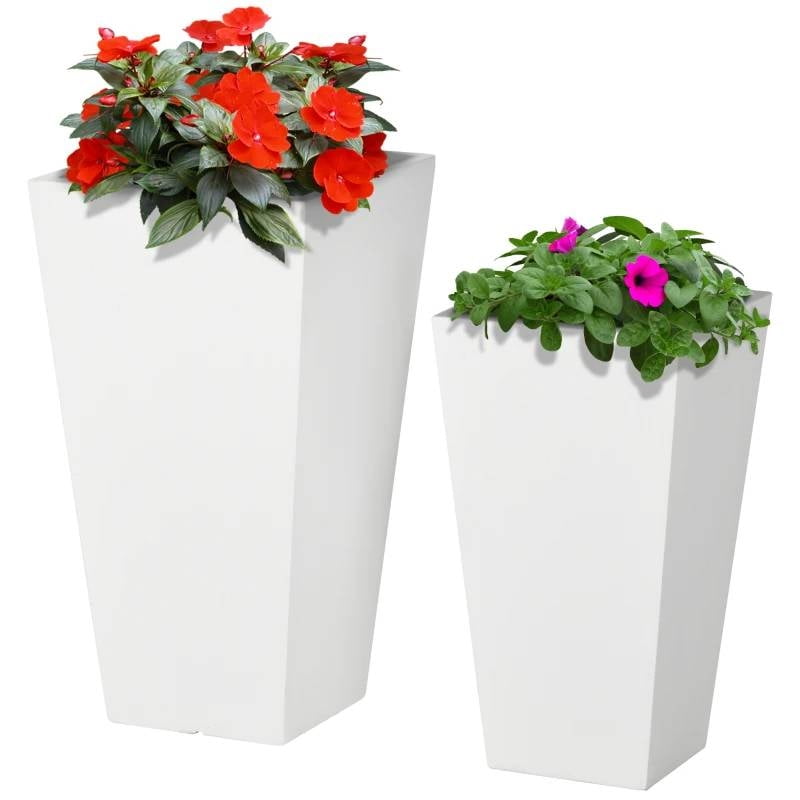White MgO Tall Outdoor Planters with Drainage Holes, Set of 2