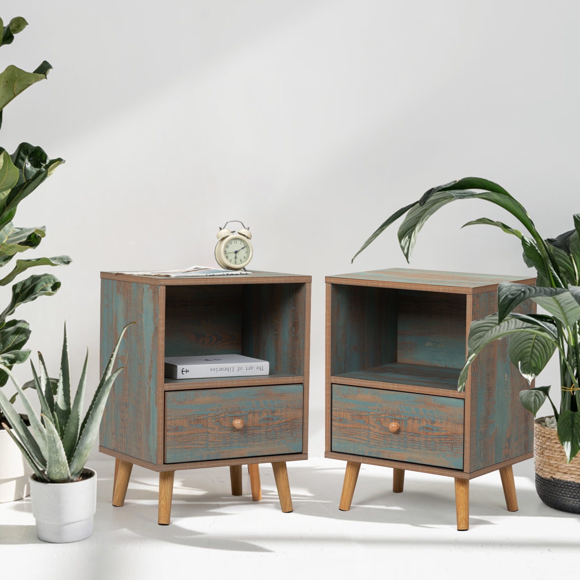 Set of 2 Modern Low Bedside Tables - Wooden Nightstands with Drawer and ...