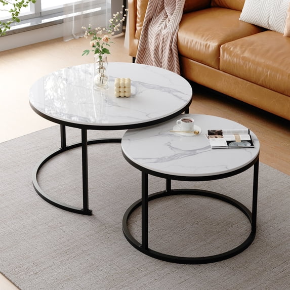 Set of 2 Modern Nesting Coffee Table, White Sintered Stone Top, Sturdy Wrought Iron Base for Living Room Decor