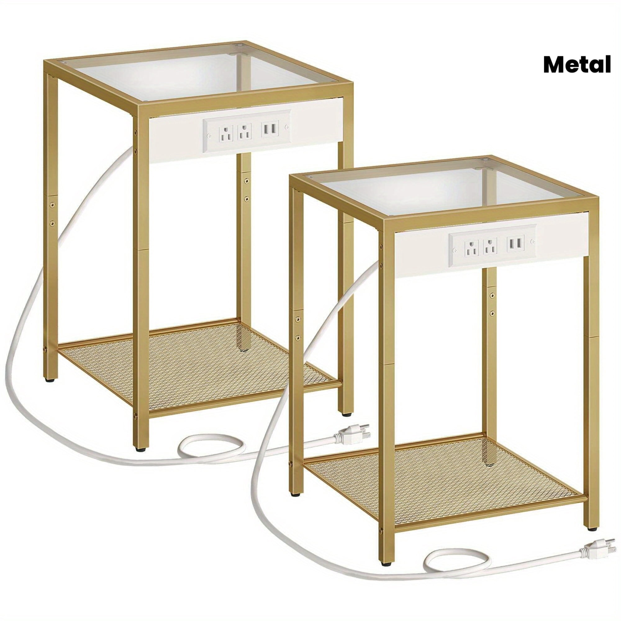 Set of 2 Modern Side Tables with USB Charging Station, Tempered Glass ...