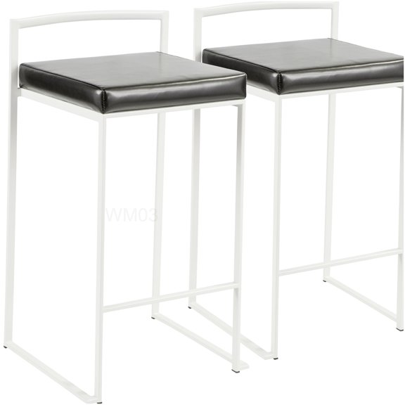 Set of 2 Modern Stacking Counter Height Stools with Black Faux Leather Cushion