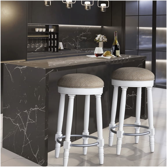Set of 2 Modern Swivel Bar Stools 26" Height, White Upholstered Kitchen Stools with 360 Spin, Durable Rubberwood Frame