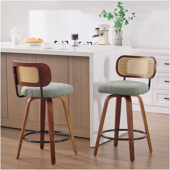 Set of 2 Modern Swivel Bar Stools with Cane Back and Light Green Linen Seat for Kitchen Island