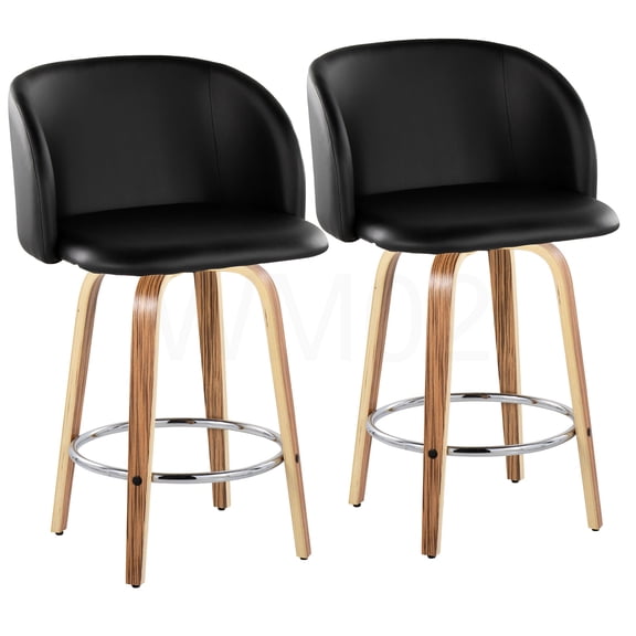 Set of 2 Modern Swivel Bar Stools with Chrome Footrest, Black Faux Leather and Woodgrain Finish