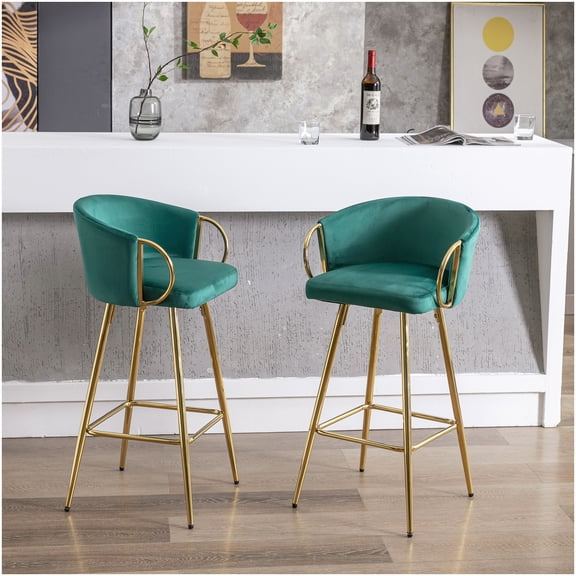 Set of 2 Modern Swivel Bar Stools with Golden Legs, Green Velvet Upholstery and Chrome Footrest for Kitchen Counter