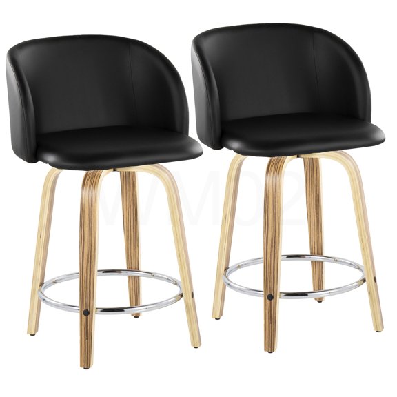 Set of 2 Modern Swivel Counter Stools with Faux Leather Seat and Chrome Footrest
