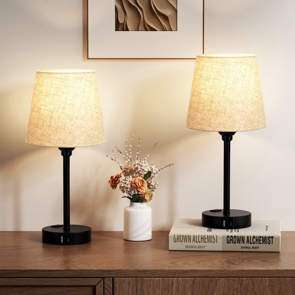 Set of 2 Modern Table Lamp Set with Touch Control, AC Outlet and USB A&C Ports for Bedroom, Livingroom
