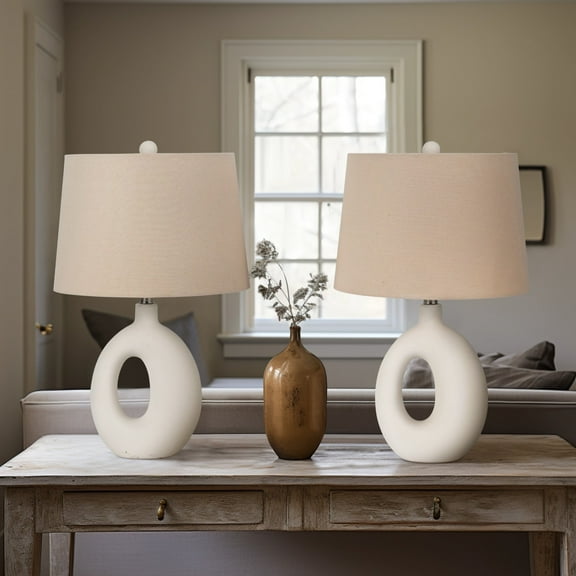 Set of 2 Modern Table Lamps with Open-Cutout Design - Ceramic & Ceramic - Casual Home Accent Lighting for Bedroom, Living Room & Office - 23" White