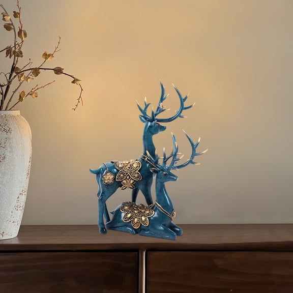 Set of 2 Modern Tabletop Resin Deer Figurine Blue Reindeer Statue Office Sculpture Ornament Decor