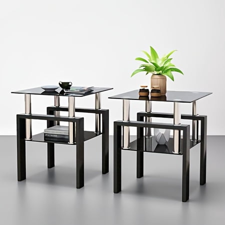 Set of 2, Modern Tempered Glass Tea Table Coffee Table End Table, Square Table for Living Room, Black