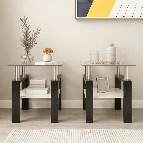 Set of 2, Modern Tempered Glass Tea Table Coffee Table End Table, Square Table for Living Room, Transparent/Black