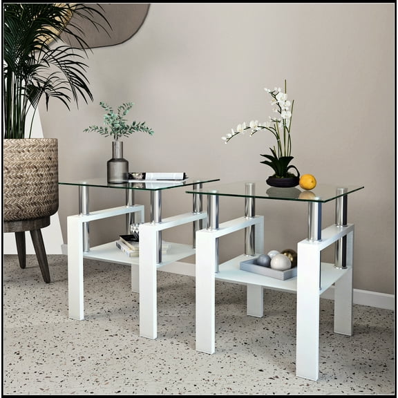 Set of 2, Modern Tempered Glass Tea Table Coffee Table End Table, Square Table for Living Room
