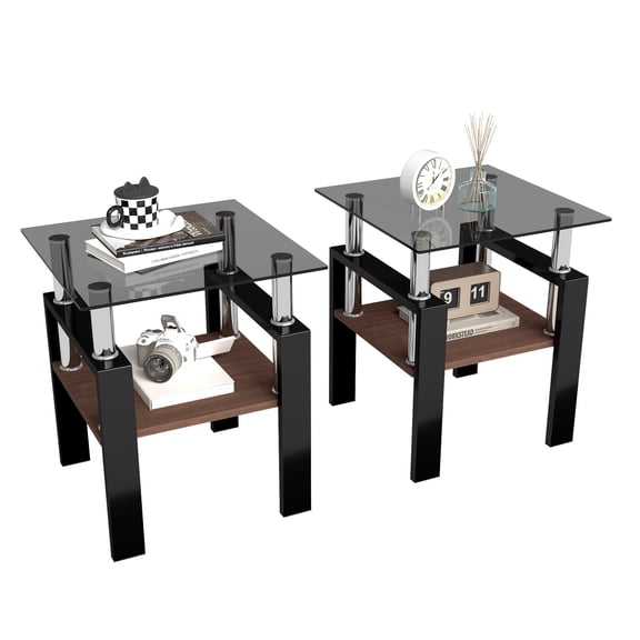 Set of 2 Modern Tempered Glass Tea Table ,Tempered Glass Tabletop with MDF Layer,Coffee Table,End Table, Square Table for Living Room, gray/black