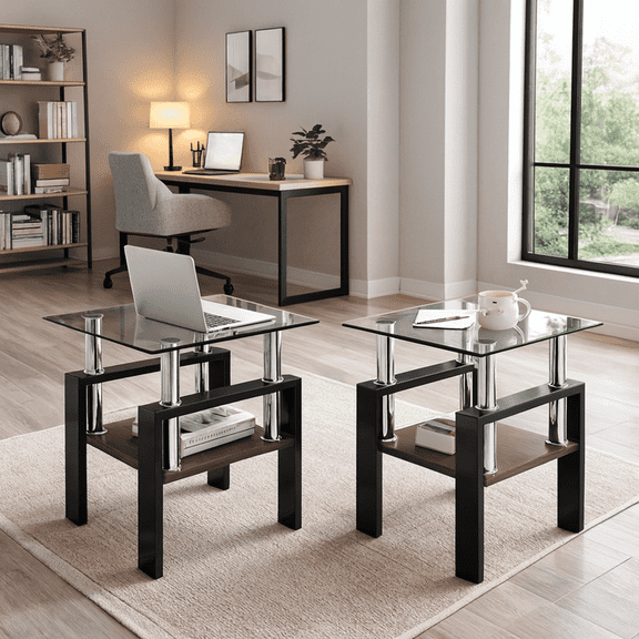 Set of 2 Modern Tempered Glass Tea Table ,Tempered Glass Tabletop with MDF Layer,Coffee Table,End Table, Square Table for Living Room, gray/black