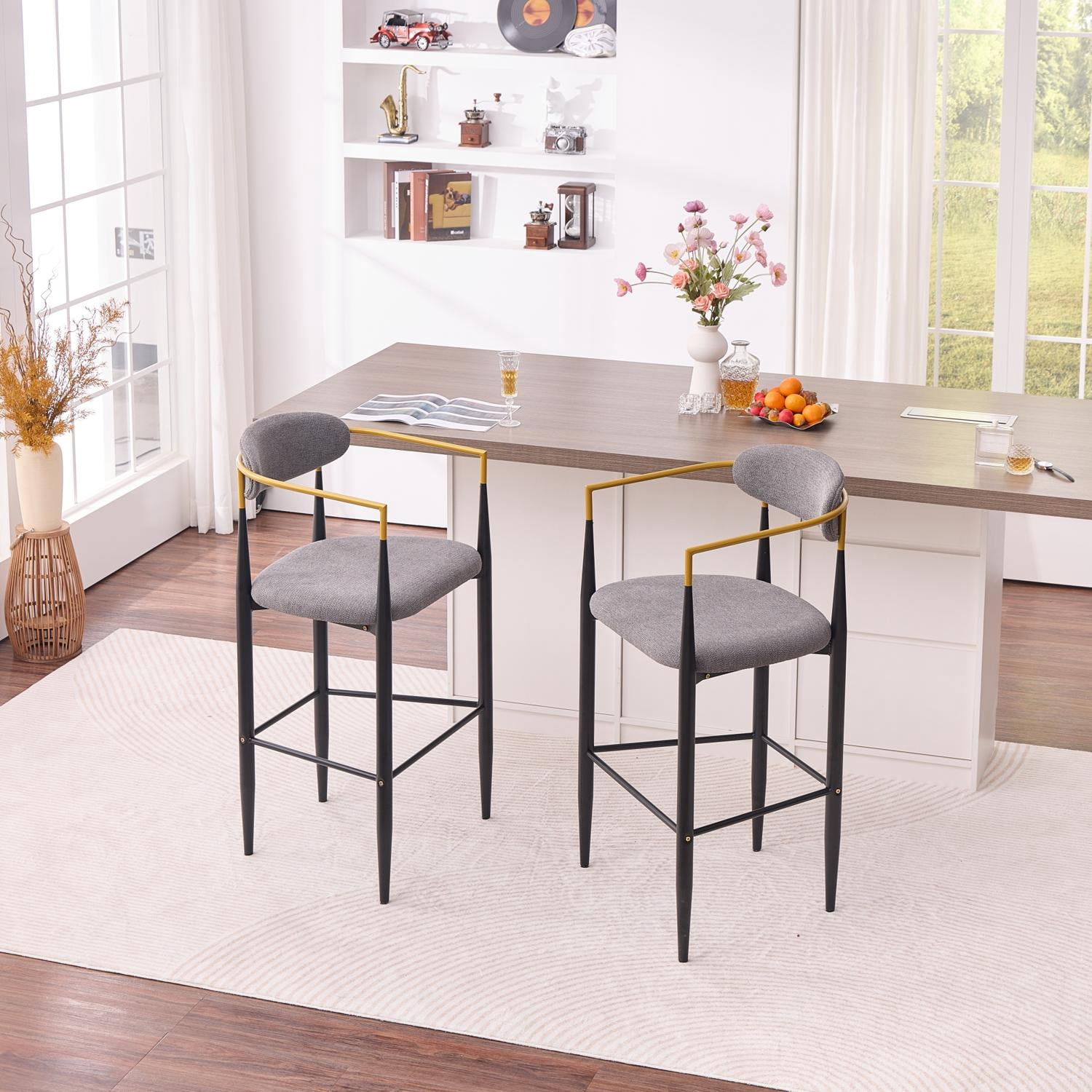 Set of 2 Modern Upholstered Bar Stools with Gold-Accented Armrests, 30-Inch Seat Height for Kitchen Island and Dining Counter, Grey