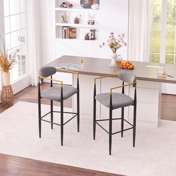 Set of 2 Modern Upholstered Bar Stools with Gold-Accented Armrests, 30-Inch Seat Height for Kitchen Island and Dining Counter, Grey