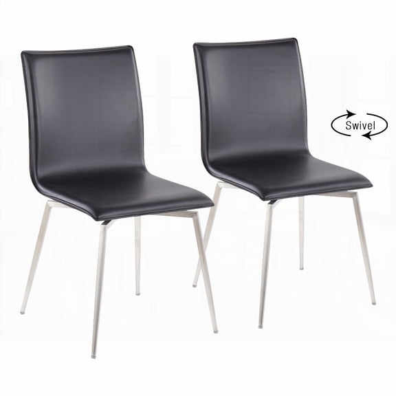 Set of 2 Modern Upholstered Dining Chairs with Brushed Stainless Steel & Black Faux Leather.