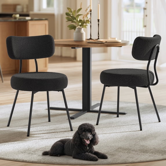 Set of 2 Modern Upholstered Dining Chairs with Curved Backrest, Plush Teddy Fleece & Sturdy Steel Frame for Comfortable Seating, Ink Black