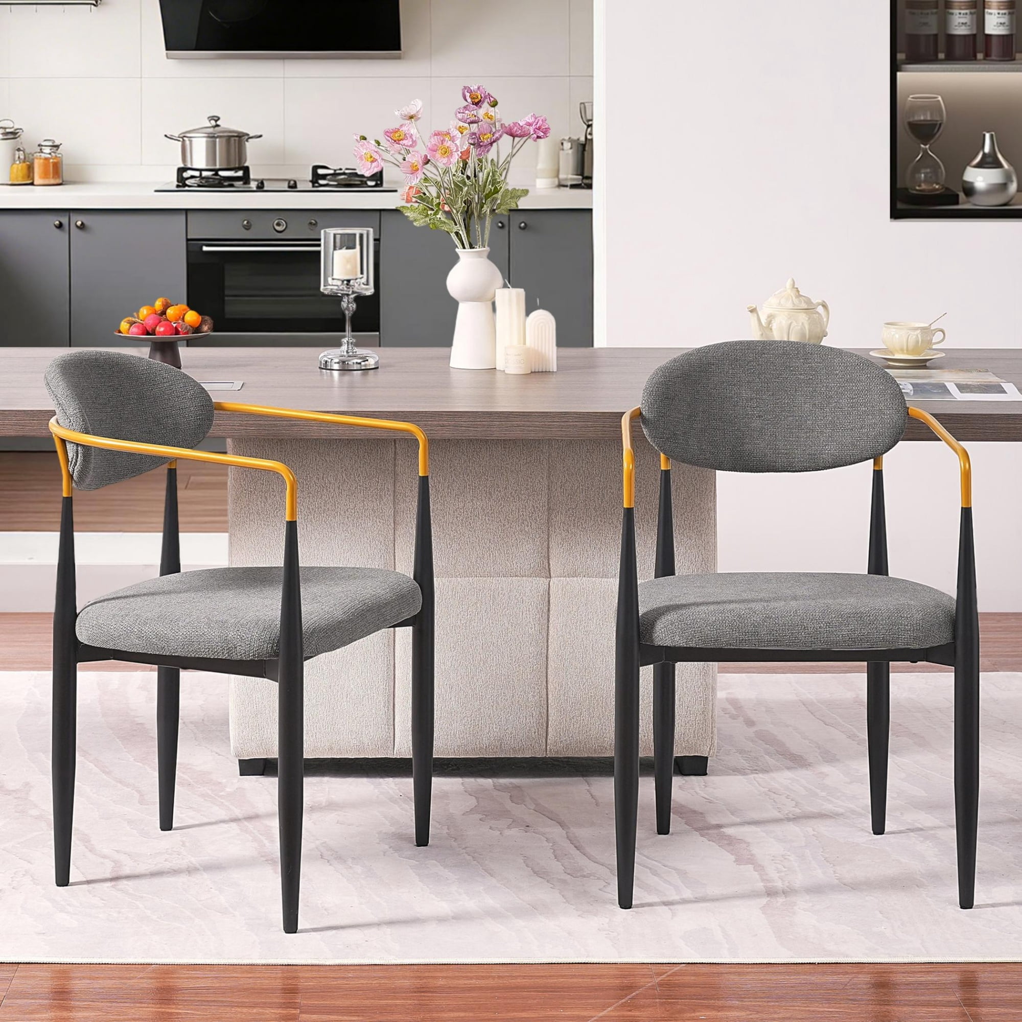 Set of 2 Modern Upholstered Dining Chairs with Gold-Accented Armrests, Ergonomic Design for Dining Room and Office, Grey Fabric with Black Frame