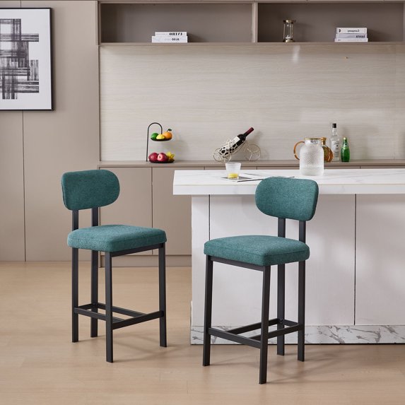 Set of 2 Modern Upholstered Fabric Counter Height Bar Stools 26 Inch Black Metal Legs for Dining Room Kitchen Island Bar,Antique Green