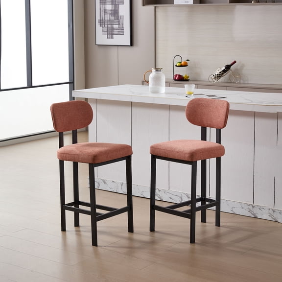 Set of 2 Modern Upholstered Fabric Counter Height Bar Stools 26 Inch Black Metal Legs for Dining Room Kitchen Island Bar，Orange