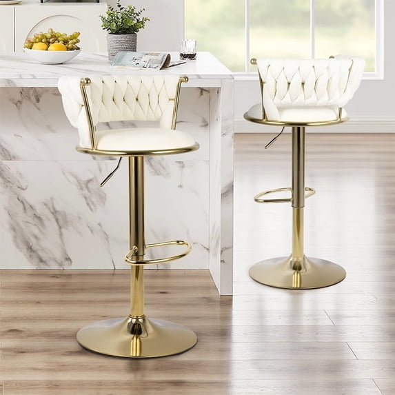 Set of 2 Modern Velvet Bar Stools, Adjustable Height Woven Back Bar Chairs with Footrest and Swivel for Kitchen Island & Dining Room, Beige