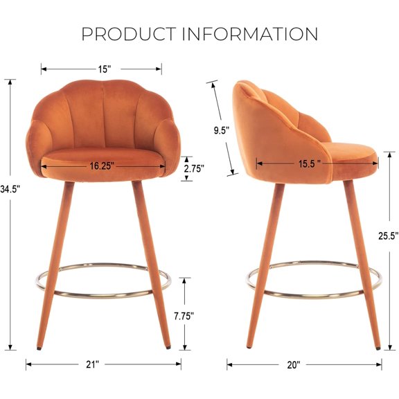 Set of 2 Modern Velvet Barstools with Petal Back and Gold Footrest for Kitchen Island