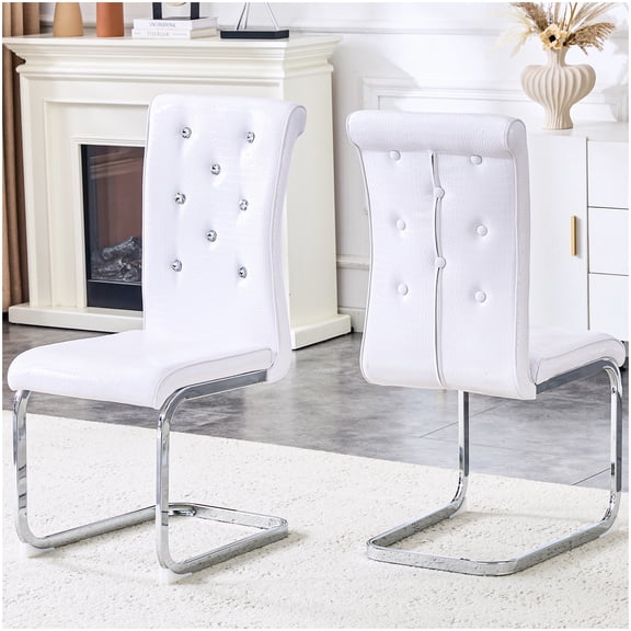Set of 2 Modern Vintage Dining Chairs - White Crocodile Pattern PVC with Crystal Buttons, Strong Chrome Metal Legs