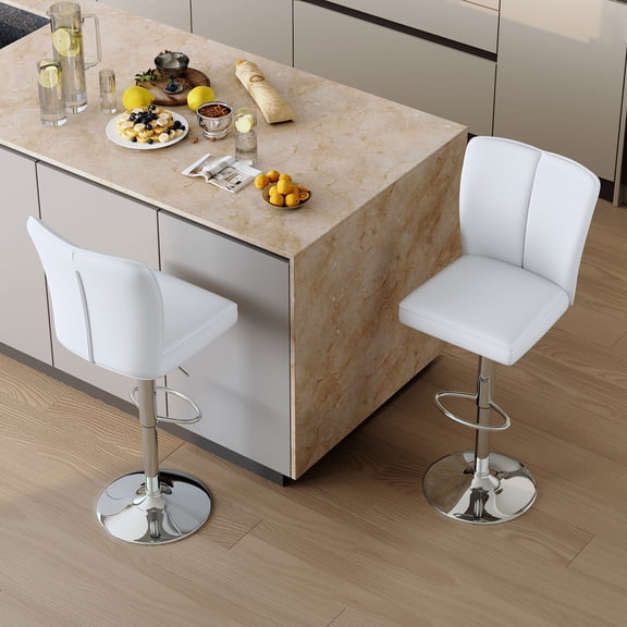 Set of 2 Modern White PU Bar Stools, Vertical Backrest, Trumpet-shaped Silver Metal Legs