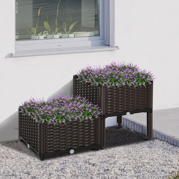 Set of 2 Modular Raised Planter Boxes, Stackable Plastic Planters with Drainage Holes for Vegetables, Herbs & Flowers, Brown